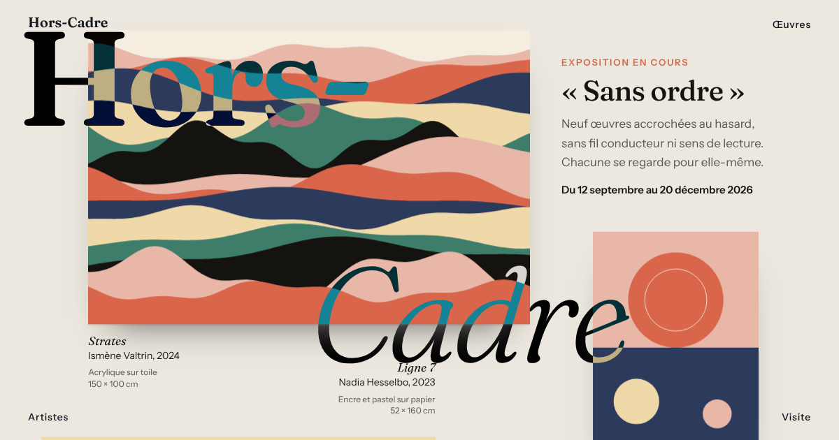 Aperçu du site Galerie Hors-Cadre : Démo d'un site de galerie où les œuvres sont accrochées sans ordre, avec des tailles et des positions libres – réalisé par Noltron
