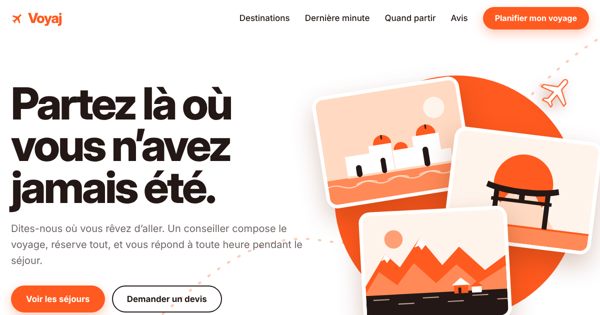 Aperçu du site Voyaj : Démo d'un site d’agence de voyages. Recherche par destination, date, budget et nombre de voyageurs, séjours fi – réalisé par Noltron